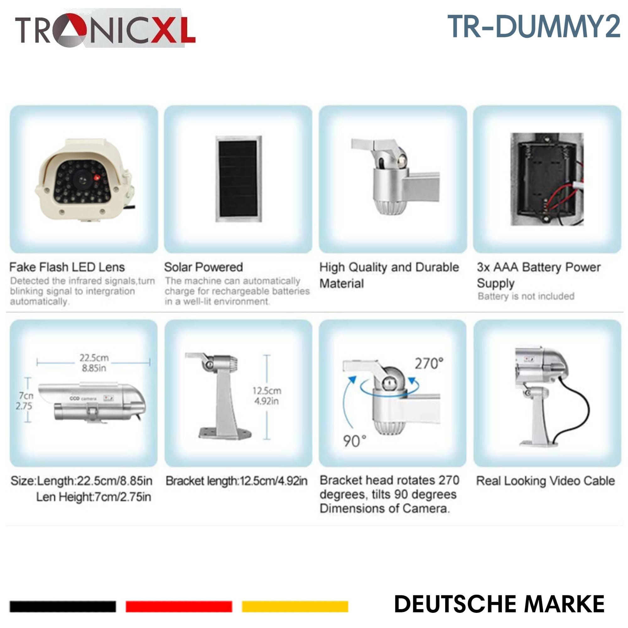 2x Dummy Premium Solar Überwachungs Kamera Attrappe Außen blinkende LED Überwachung Kameraattrappe wetterfest Sicherheit