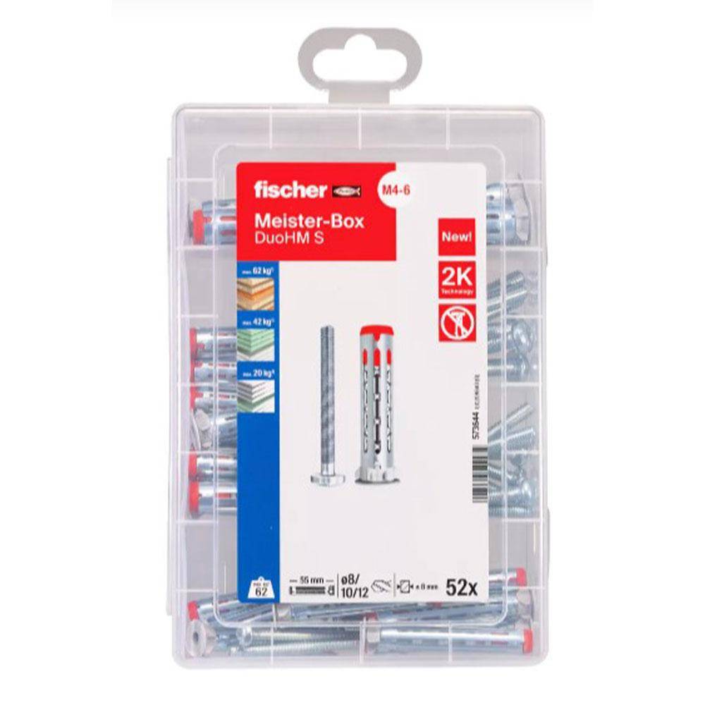 Hohlraumdübel DuoHM - Meisterbox DuoHM PZ - Ø 4 bis 6 mm - Länge 55 mm - Plattendicke 9,5 bis 30 mm - Inhalt 26 Dübel und Schrauben - Preis per Bo