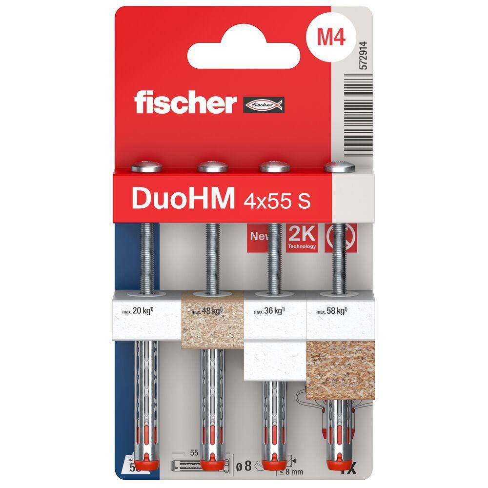 Hohlraumdübel DuoHM - Ø 4 mm - Länge 55 mm - Plattendicke 9,5 bis 30 mm - inkl. Schraube - Antrieb PZ2 - VE 5 Blister à 4 Dübel - Preis per VE