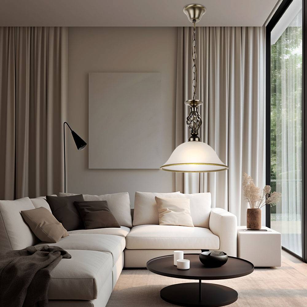 Hängeleuchte Pendellampe Glasleuchte Küchen Deckenleuchte Beleuchtung Glas satiniert, Lampenrand Altmessing, 1x LED 7W 560Lm warmweiß , DxH 30x120