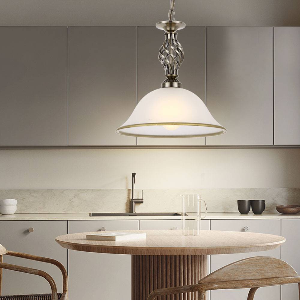 Hängeleuchte Pendellampe Glasleuchte Küchen Deckenleuchte Beleuchtung Glas satiniert, Lampenrand Altmessing, 1x LED 7W 560Lm warmweiß , DxH 30x120