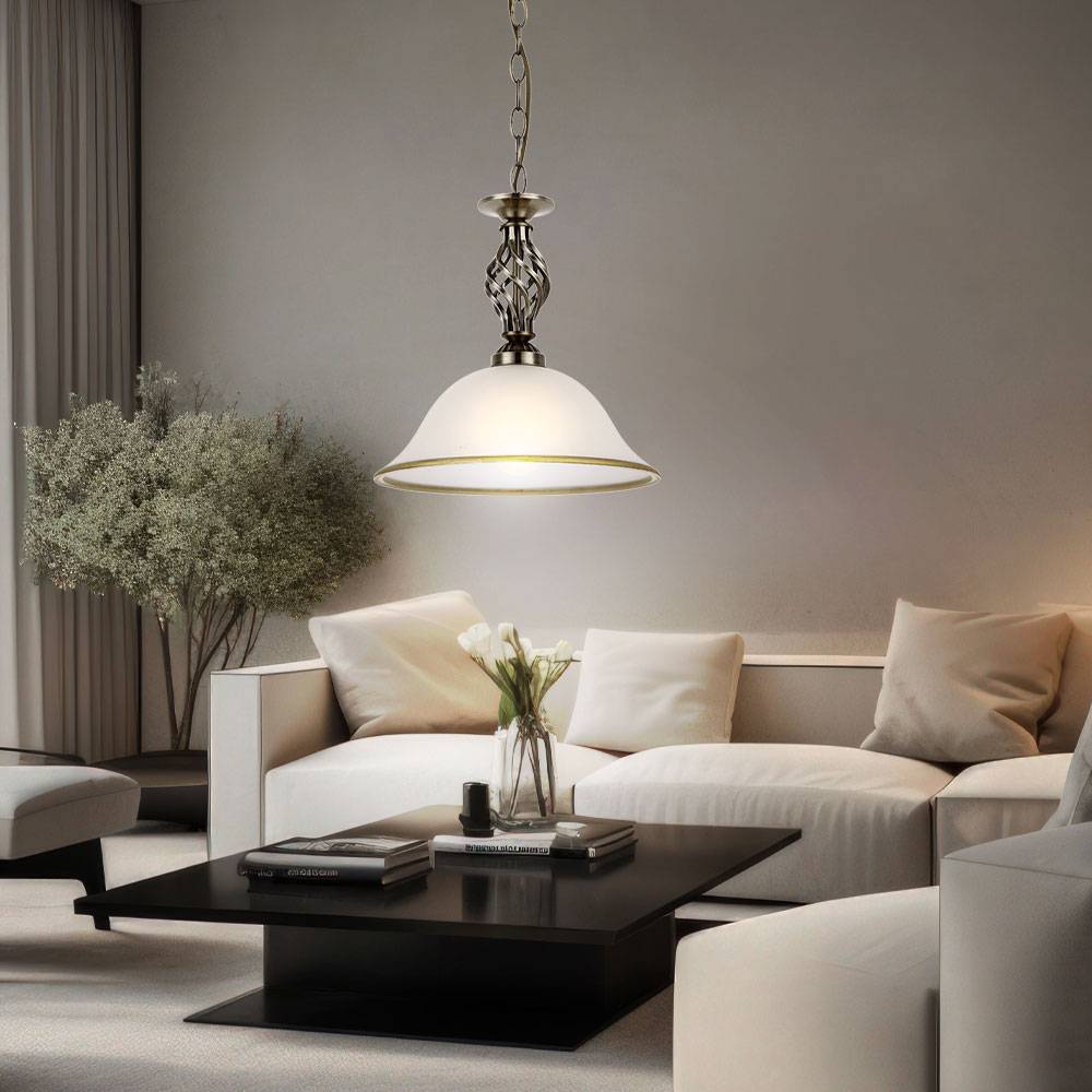 Hängeleuchte Pendellampe Glasleuchte Küchen Deckenleuchte Beleuchtung Glas satiniert, Lampenrand Altmessing, 1x LED 7W 560Lm warmweiß , DxH 30x120