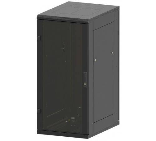 Schwarzer Metallserverschrank mit glastüre und seitensichtfenster, geschlossen auf weißem hintergrund dargestellt.