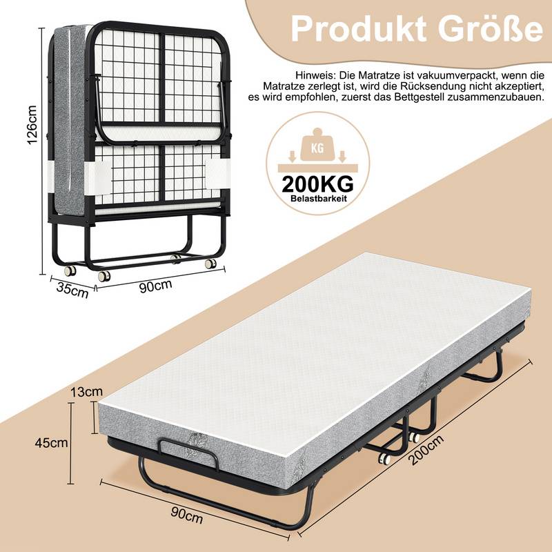 90x200cm Gästebett klappbar mit Matratze bis 150kg, auf Rädern Tragbares Design