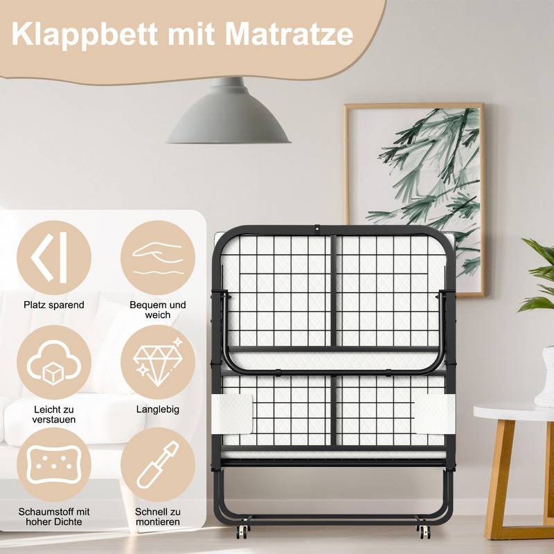 90x200cm klappbar Gästebett Klappbett mit Matratze bis 150kg, auf Rädern Tragbares Design