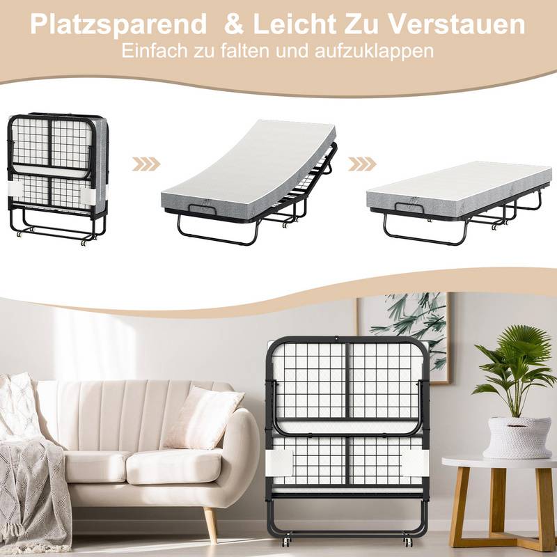 90x200cm Gästebett Klappbett bis 150kg, mit Matratze und Schutzhülle, auf Rädern