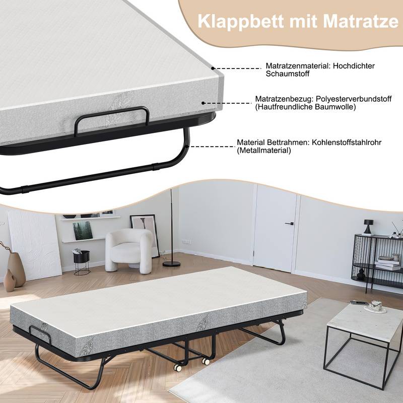 90x200cm Gästebett klappbar mit Matratze bis 150kg, auf Rädern Tragbares Design