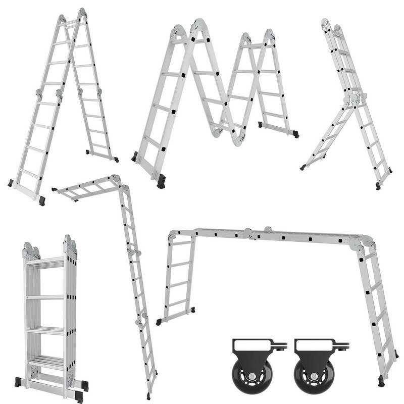Leiter Mehrzweckleiter Alu Gelenkleiter Klappleiter 470 cm Multifunktionsleiter Aluleiter Mit Plattform 4 X 4 Stufen Silber