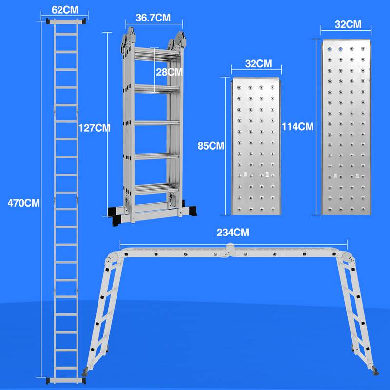 Leiter Mehrzweckleiter Alu Gelenkleiter Klappleiter 470 cm Multifunktionsleiter Aluleiter Mit Plattform 4 X 4 Stufen Silber
