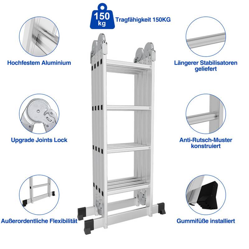 Leiter Mehrzweckleiter Alu Gelenkleiter Klappleiter 470 cm Multifunktionsleiter Aluleiter Mit Plattform 4 X 4 Stufen Silber