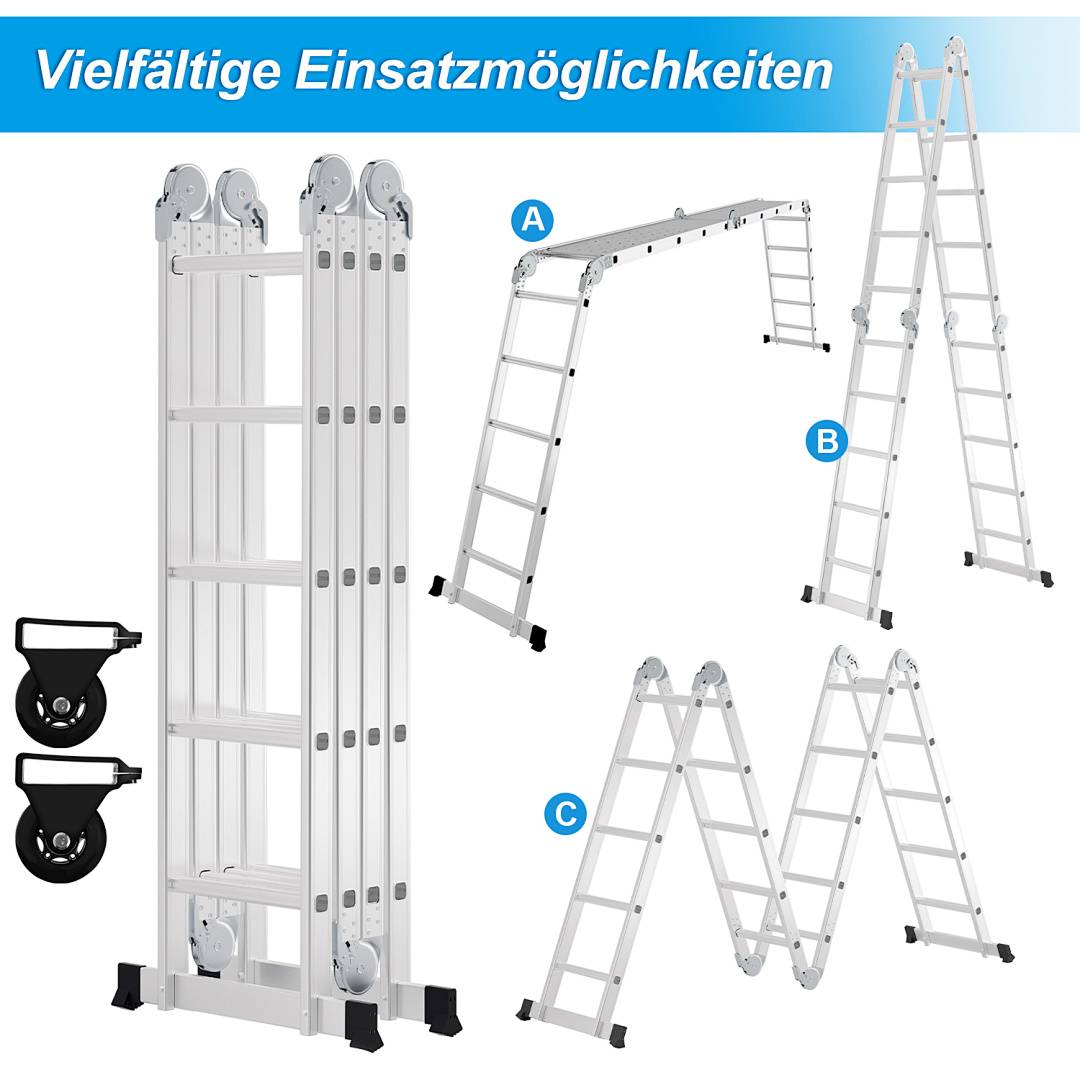 Zusammenklappbare Mehrzweckleiter, gezeigt in vier Konfigurationen: zusammengeklappt zur Lagerung, A als ausgefahrene gerade Leiter, B als Stehleiter, und C als Z-förmige Stufenleiter.