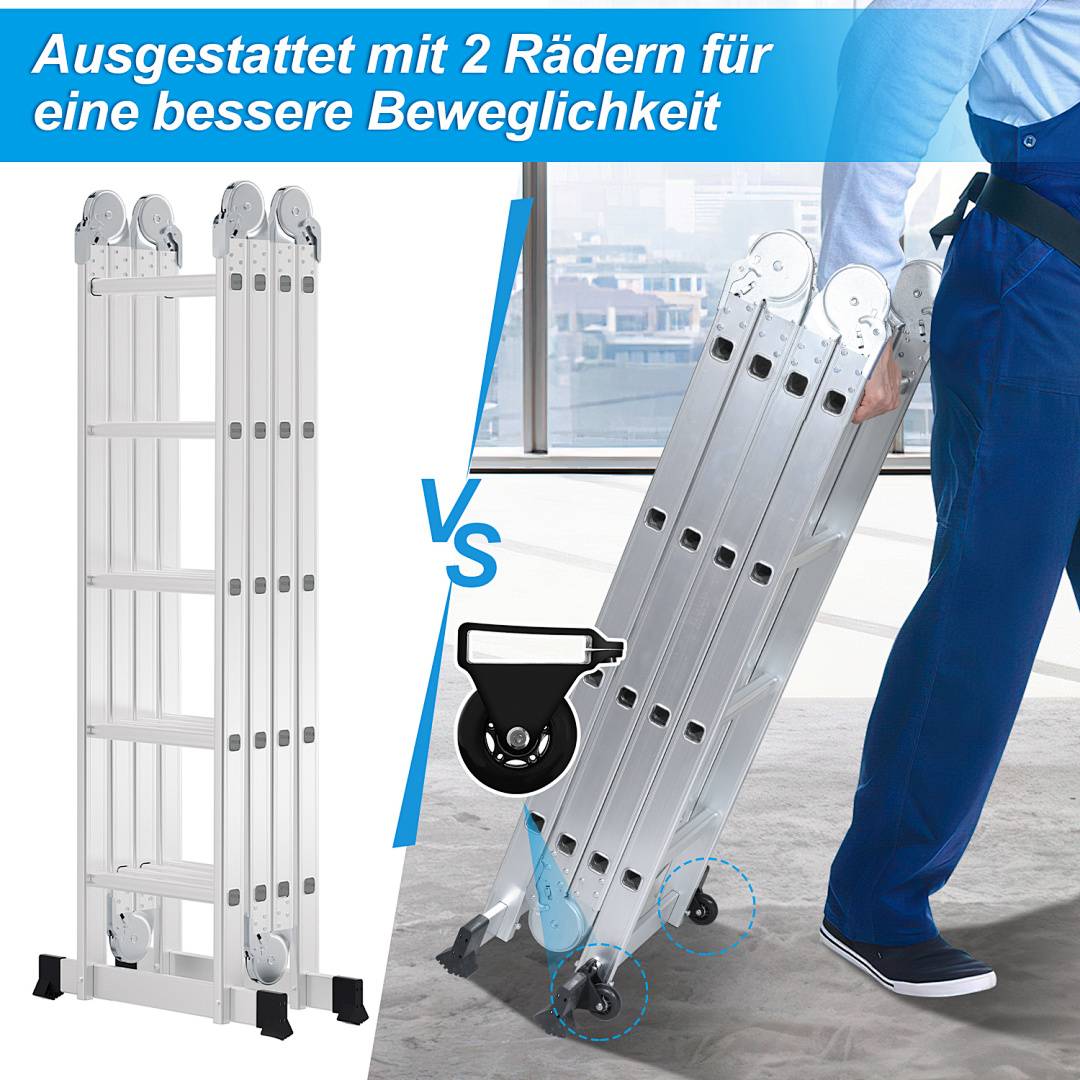Vergleichsgrafik einer Aluminium-Klappleiter: Links in stationärer Position dargestellt, rechts geneigt auf Rädern mit einer Person, die diese bewegt. Der Text besagt: „Ausgestattet mit 2 Rädern für bessere Beweglichkeit" und „VS"".
