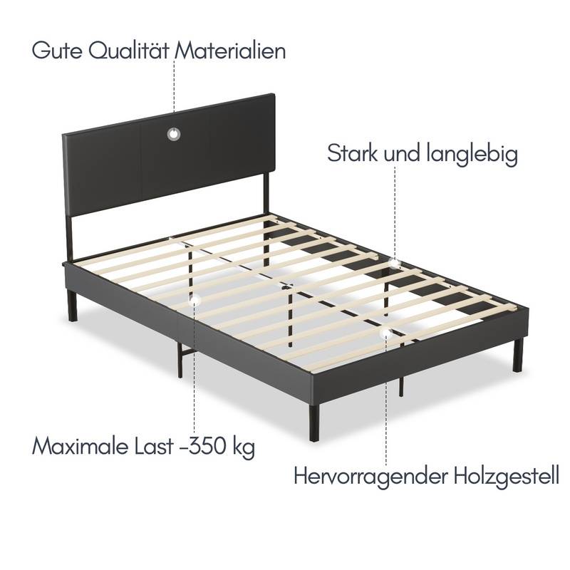 Bettgestell hohes Kopfteil robustes Bettgestell Maximale Tragfähigkeit 350 kg für Schlafzimmerbett Kunstleder 140*200CM