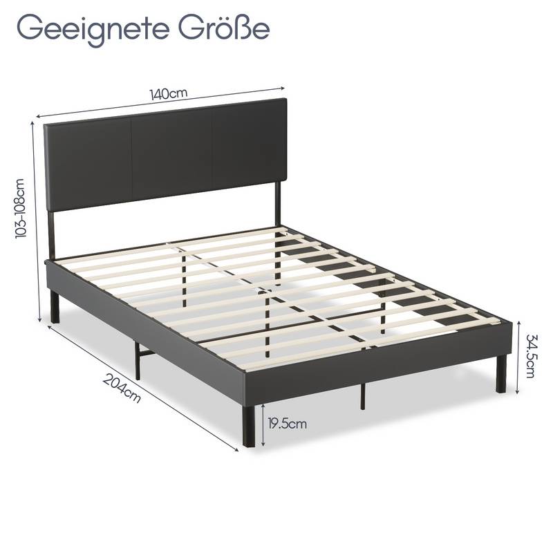 Bettgestell hohes Kopfteil robustes Bettgestell Maximale Tragfähigkeit 350 kg für Schlafzimmerbett Kunstleder 140*200CM