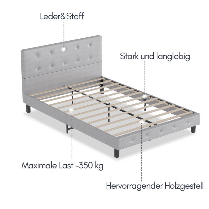Bettgestell hohes Kopfteil robustes Bettgestell Maximale Tragfähigkeit 350 kg für Schlafzimmerbett Stoff in grau 140*200CM