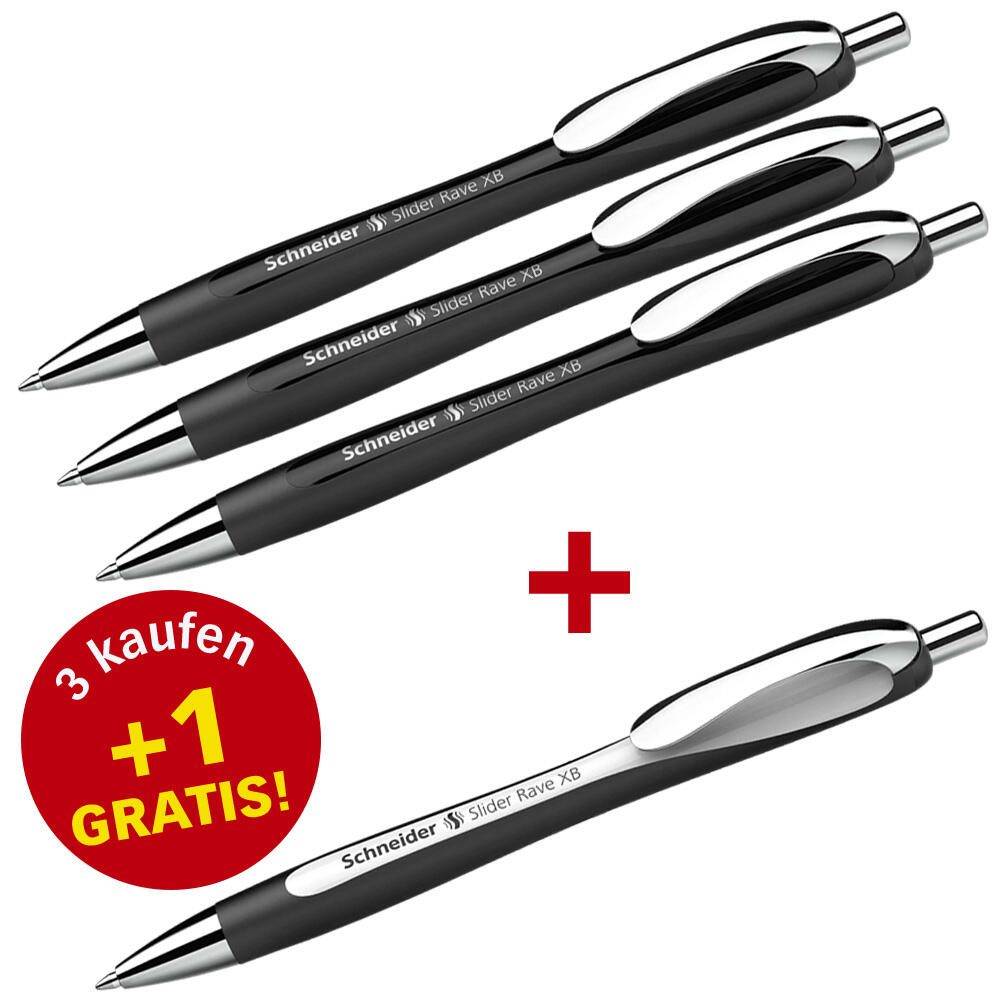 Werbebild von vier Schneider Slider Rave XB Stiften mit einem roten Badge „3 kaufen +1 GRATIS!