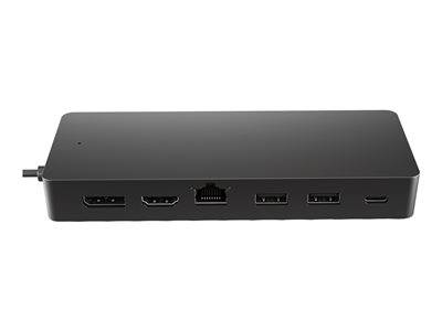Ein schwarzes elektronisches Gerät mit mehreren Anschlüssen, darunter HDMI, Ethernet, USB und USB-C, das für Konnektivität und Datenübertragung ausgelegt ist.
