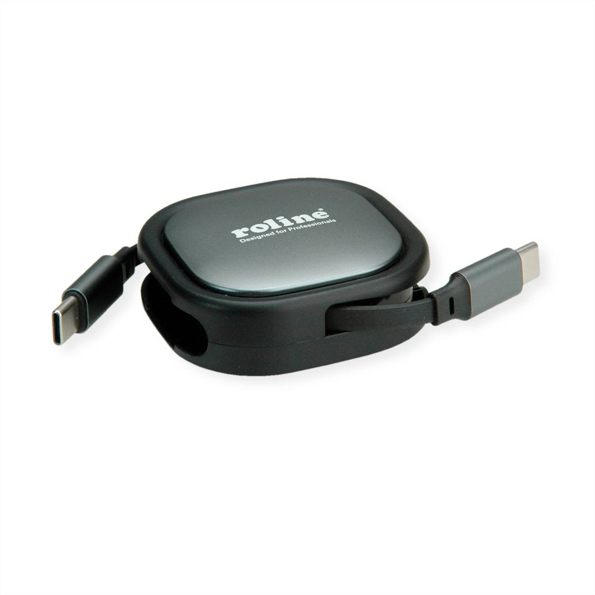 Einziehbares USB-C-Ladekabel auf Spule mit USB-C-Anschlüssen an beiden Enden, Marke „roline