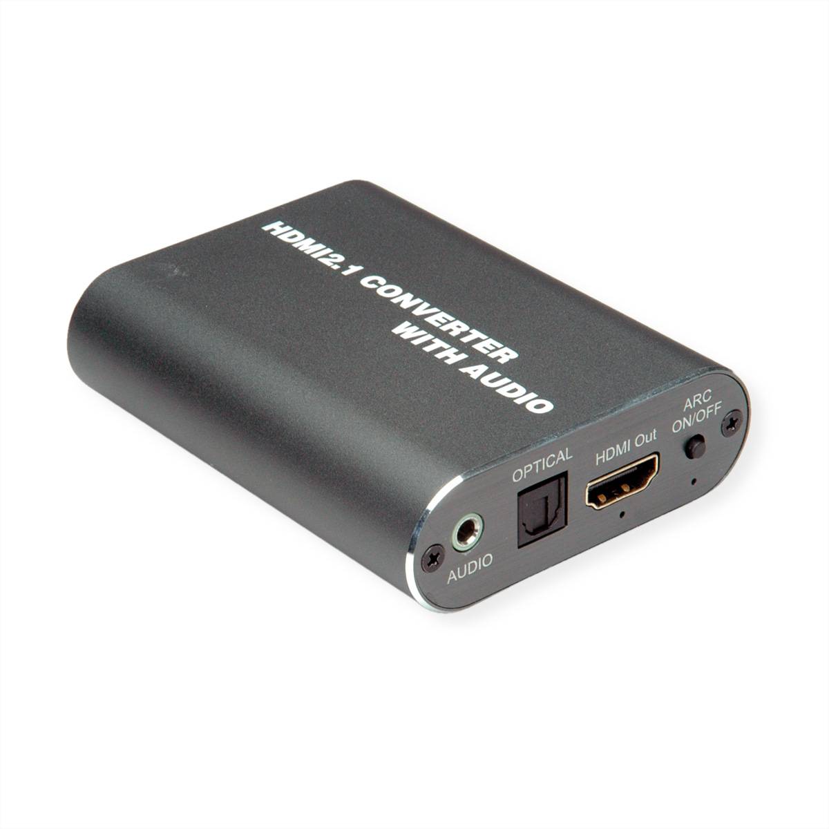 Schwarzer HDMI-2.1-Konverter mit Audio, zeigt optischen Audio-, HDMI-Ausgang und ARC-Ein-/Ausschalter auf der Frontplatte.