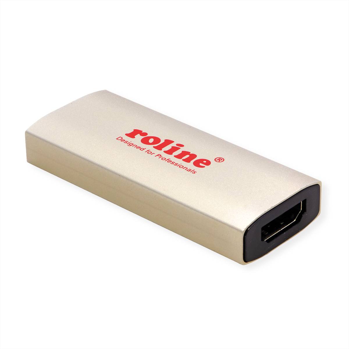 Goldener rechteckiger Roline USB-Adapter/Dongle mit einem weiblichen USB-Anschluss an einem Ende und dem auf der Oberseite aufgedruckten Logo 