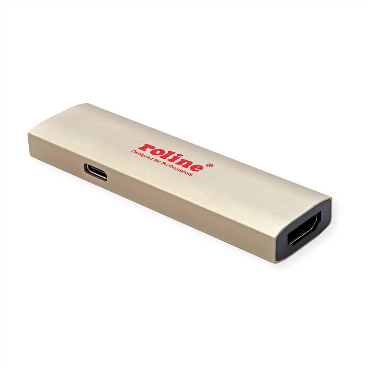 Gold Rolline tragbares Gerät mit USB-C-Anschluss an einem Ende und HDMI-ähnlichem Anschluss am anderen Ende, abgebildet auf weißem Hintergrund.