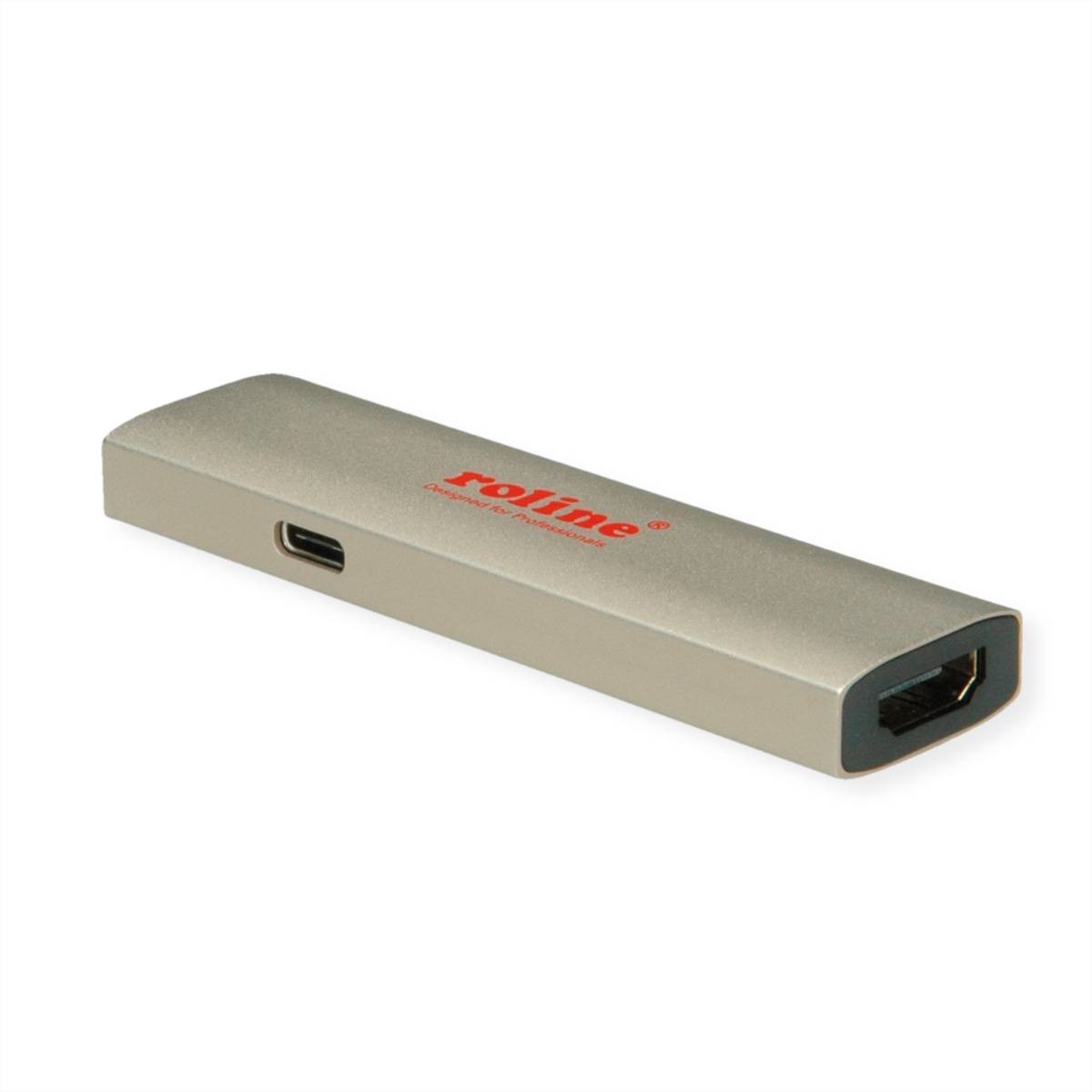 Silberner USB-C-Adapter mit Follin-Logo und HDMI-ähnlichem Anschluss an einem Ende, gezeigt auf weißem Hintergrund.