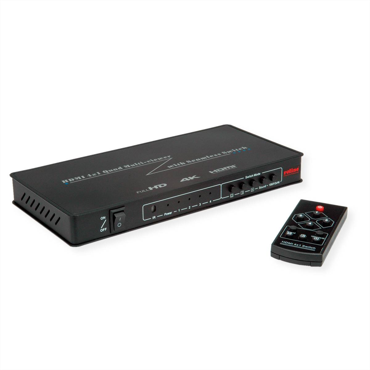Schwarze HDMI-Umschalterbox mit mehreren Eingangsanschlüssen und einer kleinen Fernbedienung auf weißem Hintergrund.
