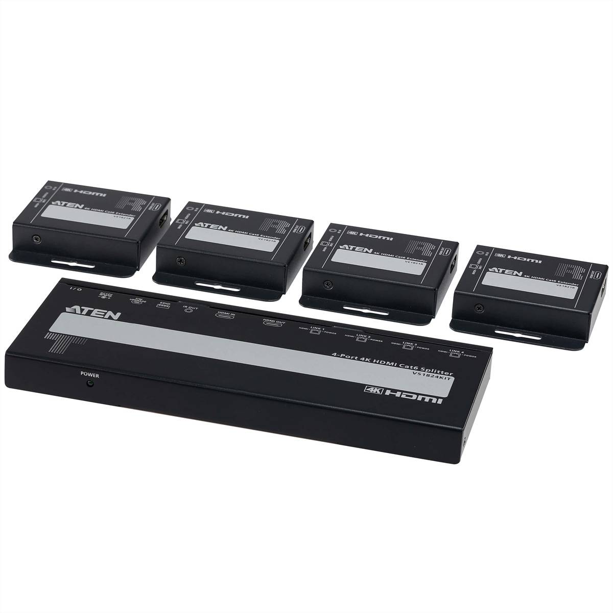 Vier ATEN HDMI-Verlängerungsgeräte und eine größere Sender-/Empfängerbox auf weißem Hintergrund