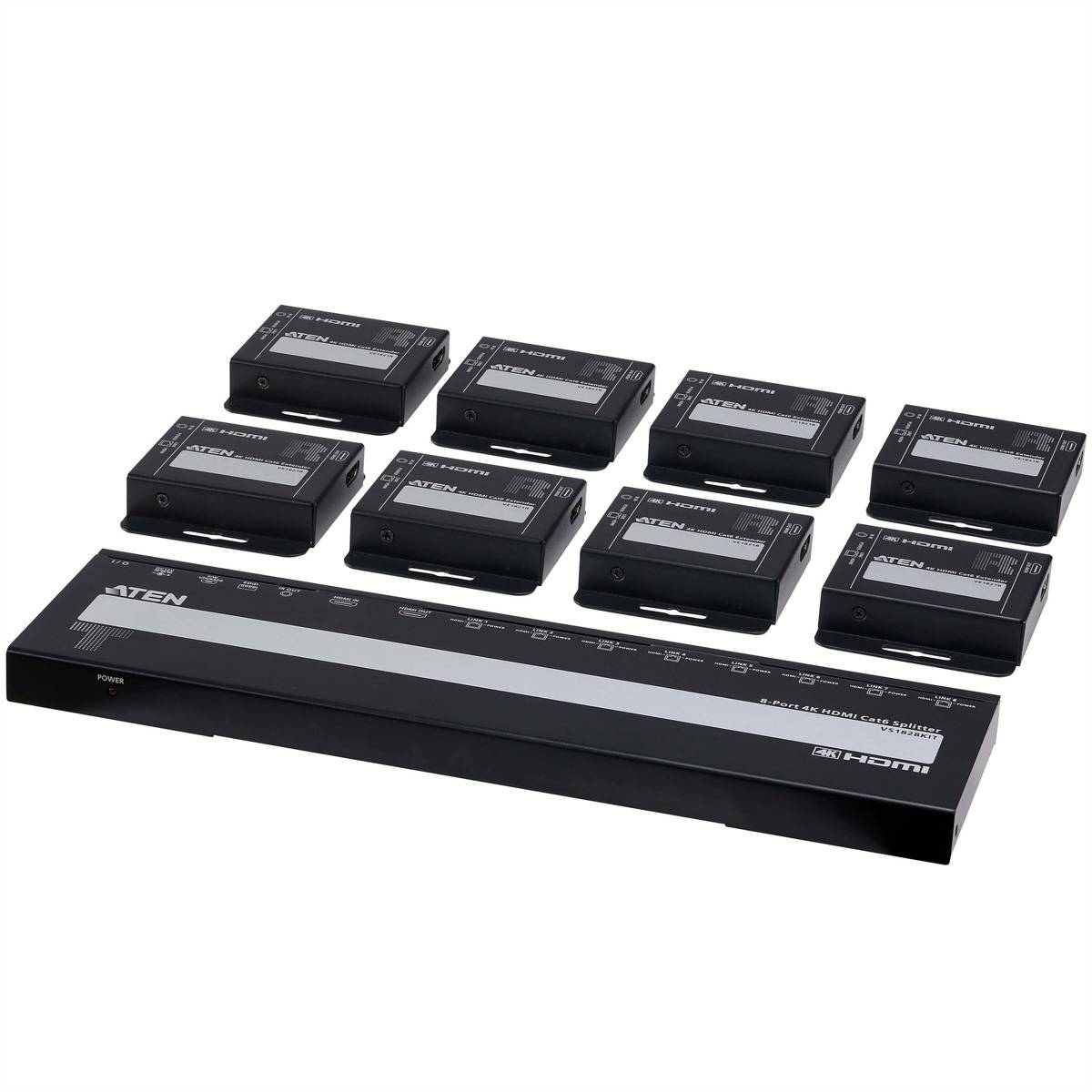 ATEN HDMI-Schaltsystem mit einer langen Basiseinheit und sieben kleinen Empfänger-/Sender-Boxen auf weißem Hintergrund.