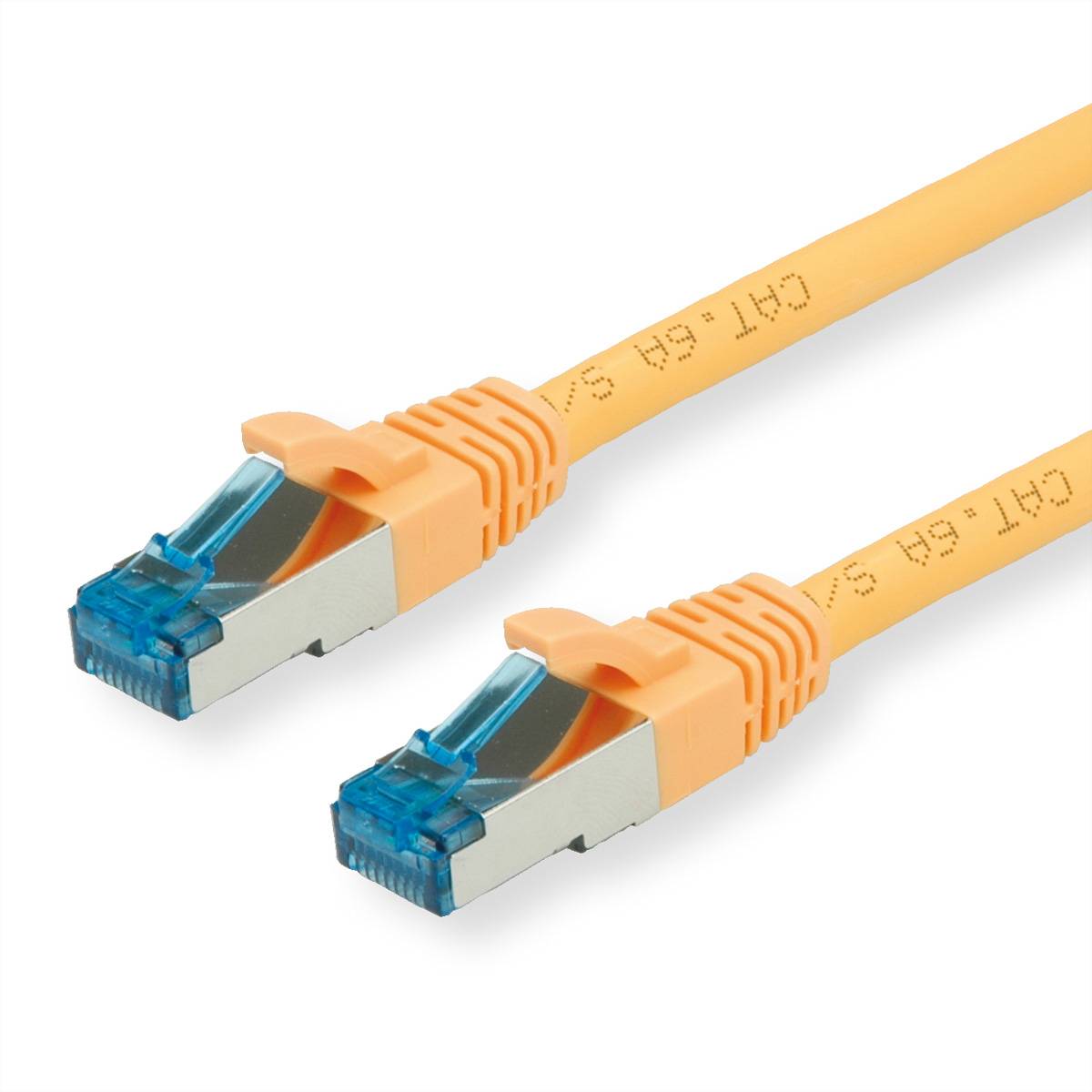 Zwei orangefarbene Ethernet-Netzwerkkabel mit blauen RJ45-Steckern auf weißem Hintergrund.