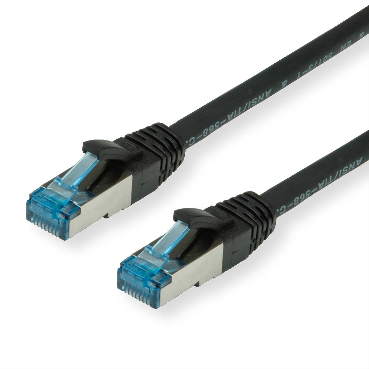 Zwei schwarze Ethernet-Kabel mit blauen RJ45-Steckern auf weißem Hintergrund.