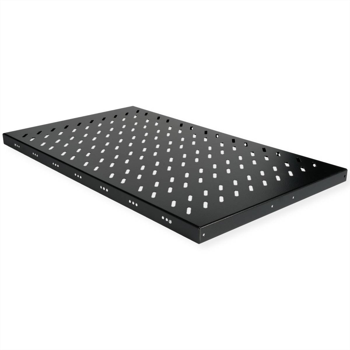 Schwarzes gelochtes Metall-Tablett mit erhöhten Kanten, isoliert auf weißem Hintergrund gezeigt.