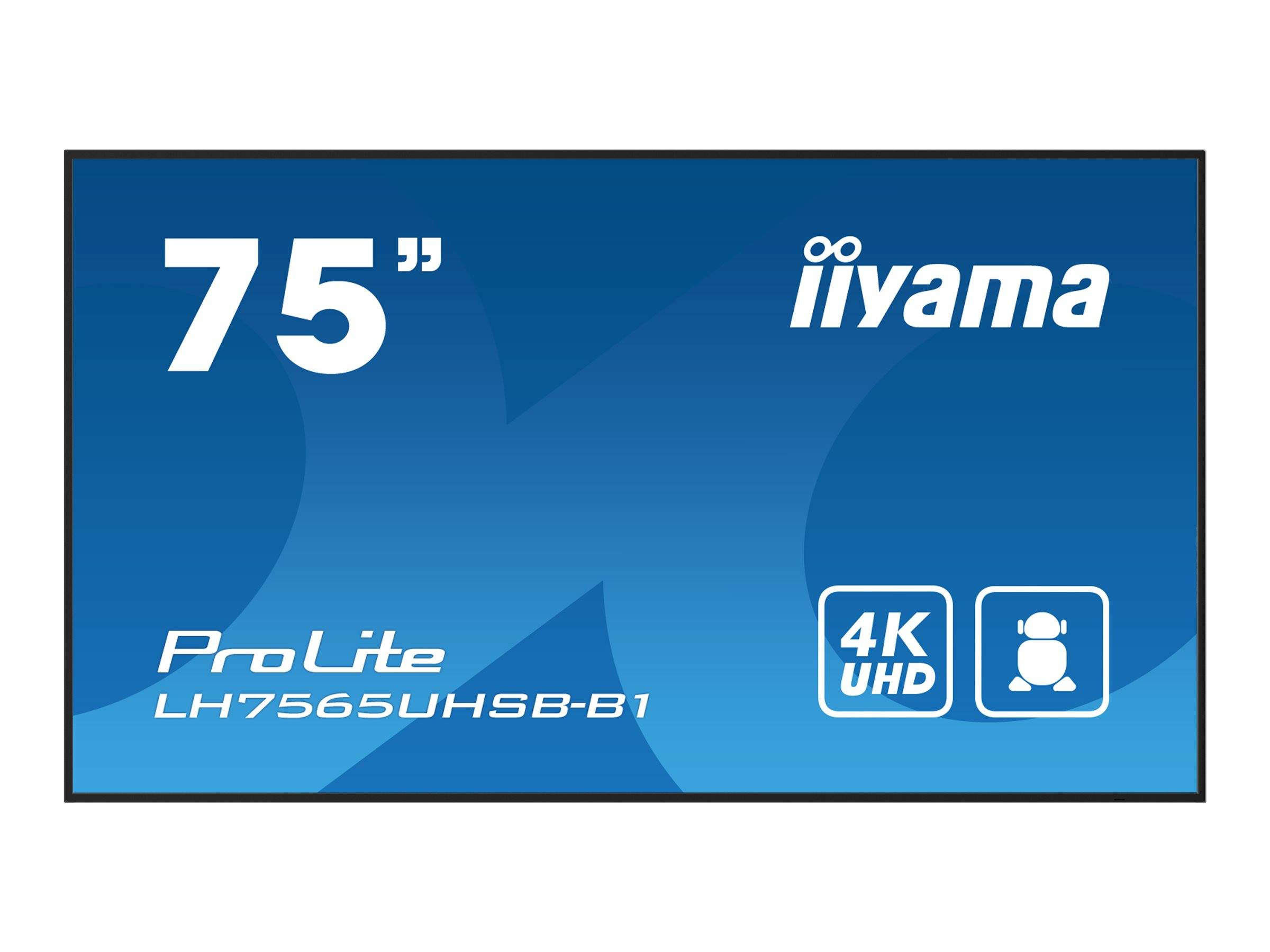 Produktbild eines iiyama 75-Zoll-ProLite-Monitors, Modell LH7565UHSB-B1, mit 4K UHD und einem Benutzersymbol, das Anzeigefeatures anzeigt.