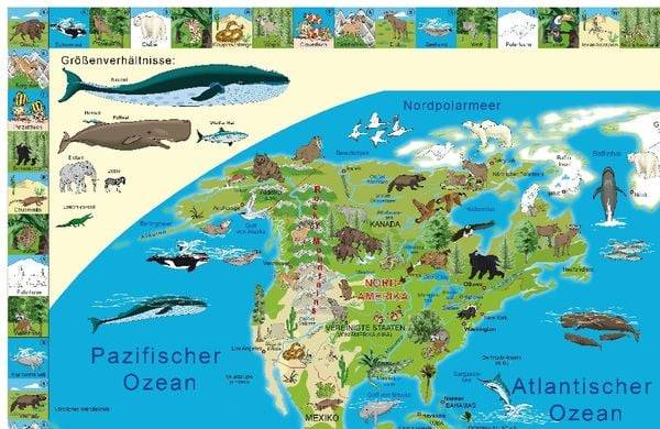 Illustrierte Weltkarte Tiere