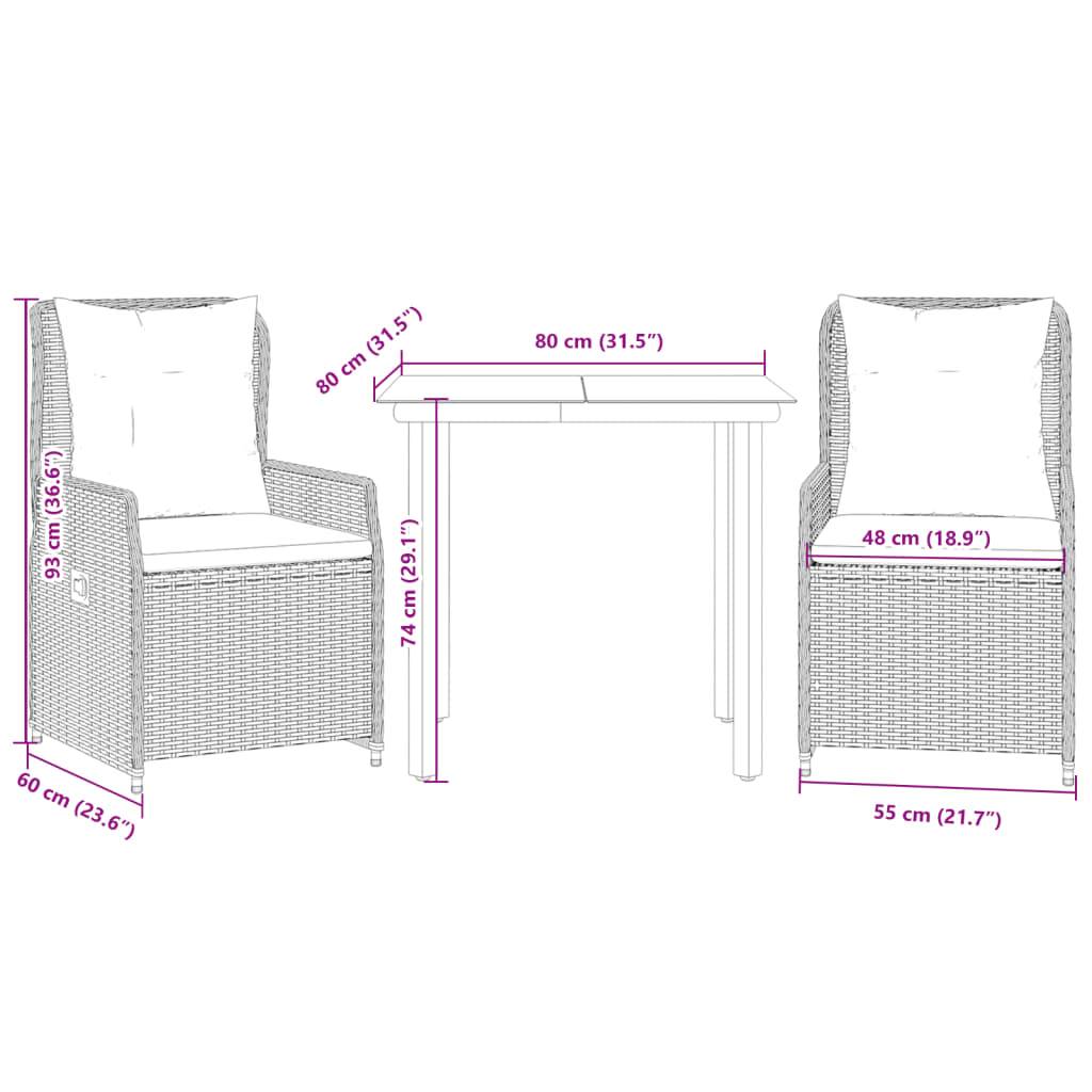 vidaXL 3-tlg. Garten-Essgruppe mit Kissen Beige Poly Rattan