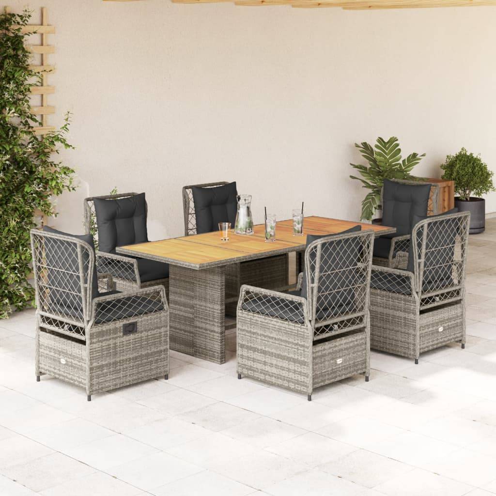 vidaXL 7-tlg. Garten-Essgruppe mit Kissen Grau Poly Rattan