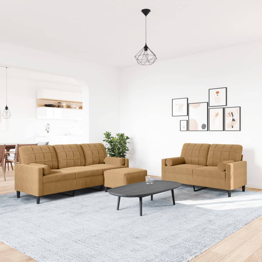 vidaXL 3-tlg. Sofagarnitur mit Kissen und Nackenrollen Braun Samt
