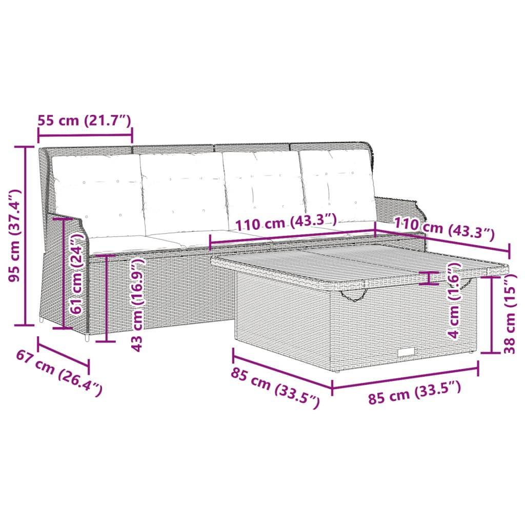 vidaXL 3-tlg. Garten-Sofagarnitur mit Kissen Schwarz Poly Rattan