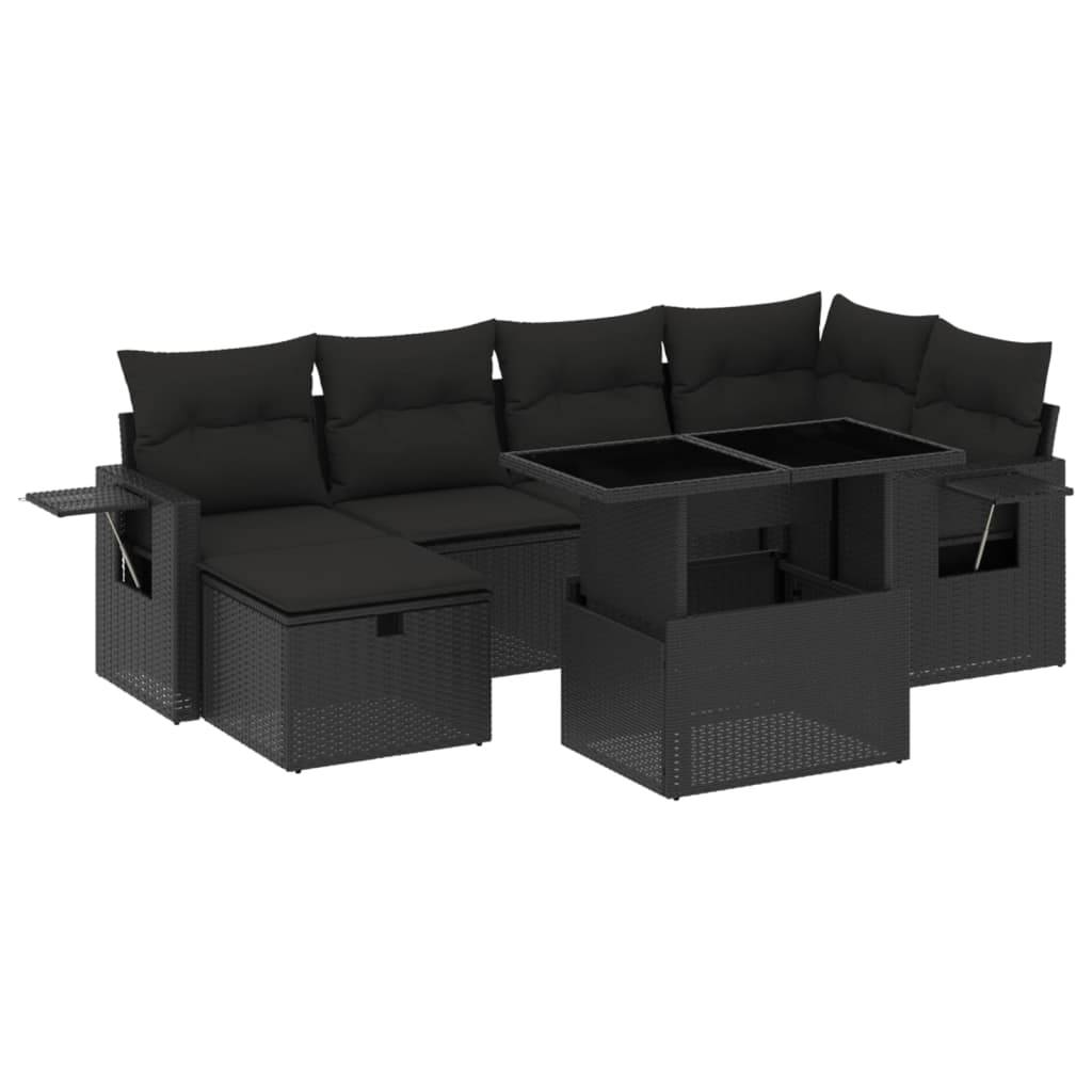 vidaXL 7-tlg. Garten-Sofagarnitur mit Kissen Schwarz Poly Rattan