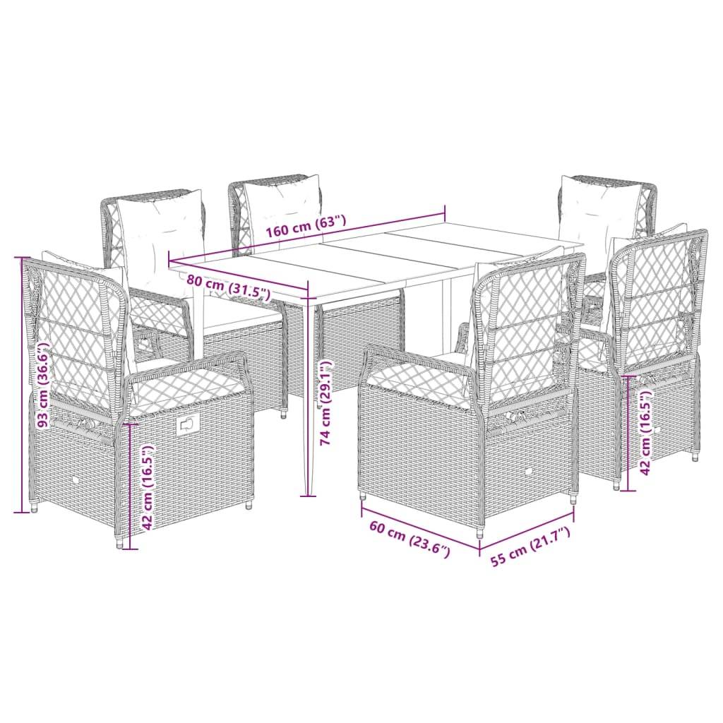 vidaXL 7-tlg. Garten-Essgruppe mit Kissen Grau Poly Rattan