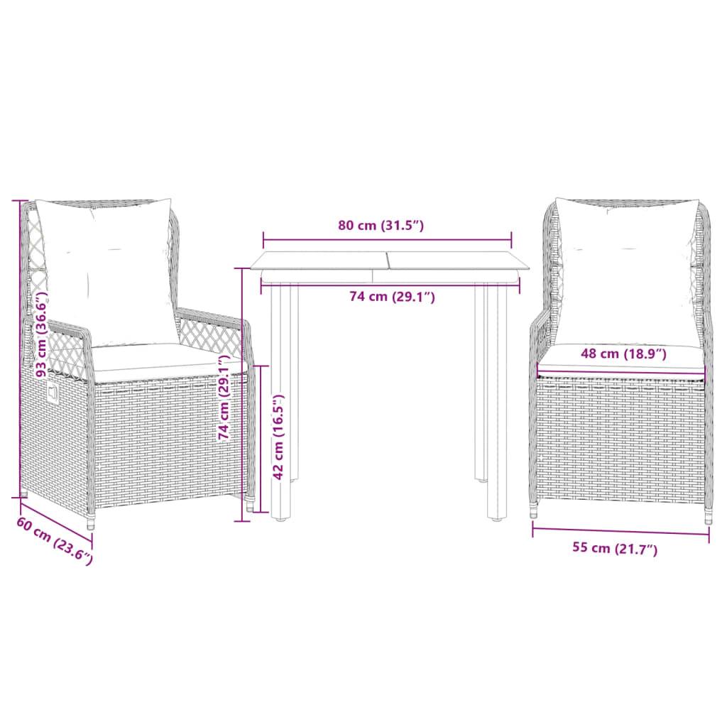 vidaXL 3-tlg. Garten-Essgruppe mit Kissen Beige Poly Rattan