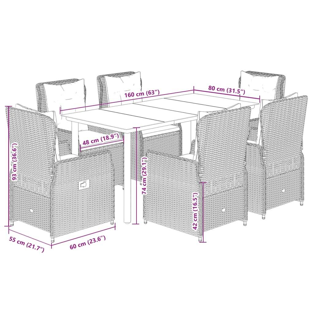 vidaXL 7-tlg. Garten-Essgruppe mit Kissen Beige Poly Rattan