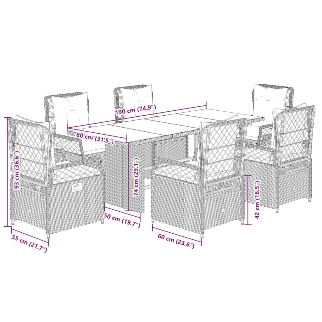 vidaXL 7-tlg. Garten-Essgruppe mit Kissen Grau Poly Rattan