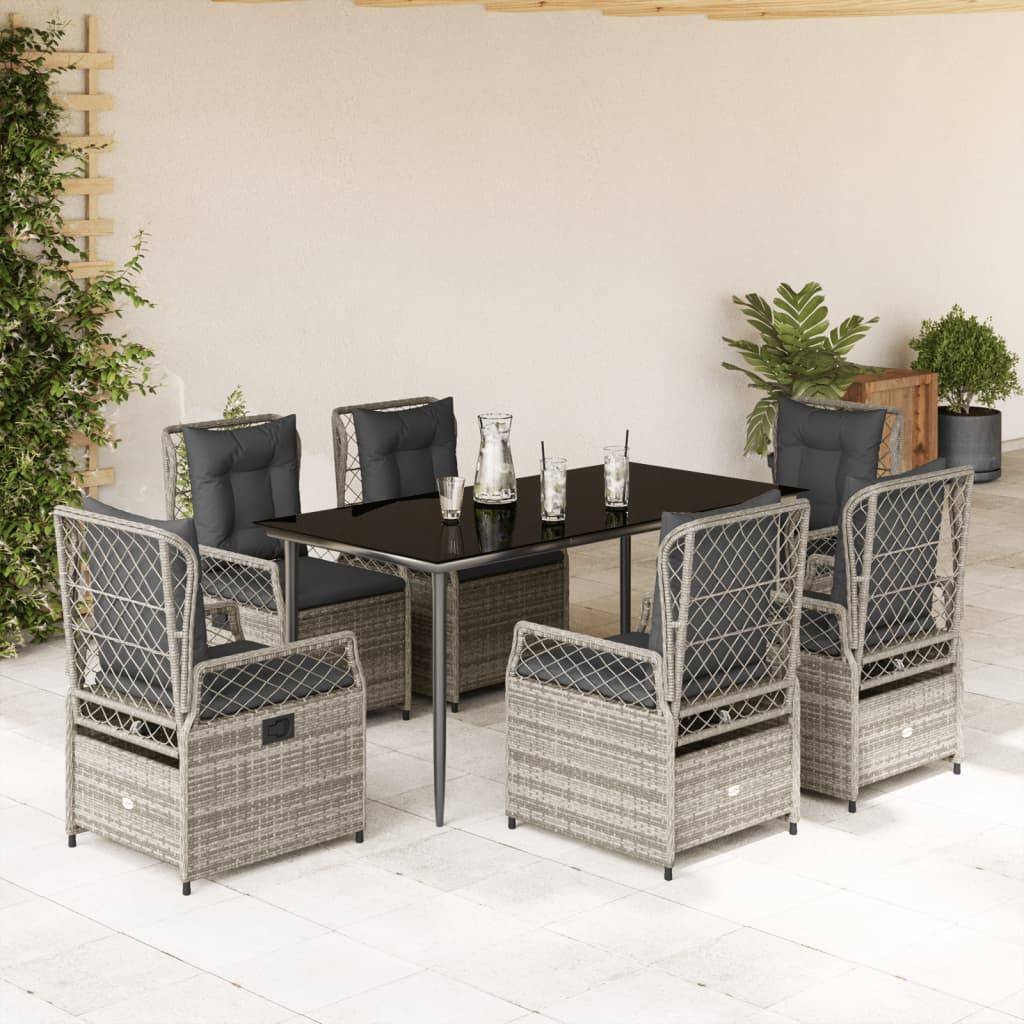 vidaXL 7-tlg. Garten-Essgruppe mit Kissen Grau Poly Rattan