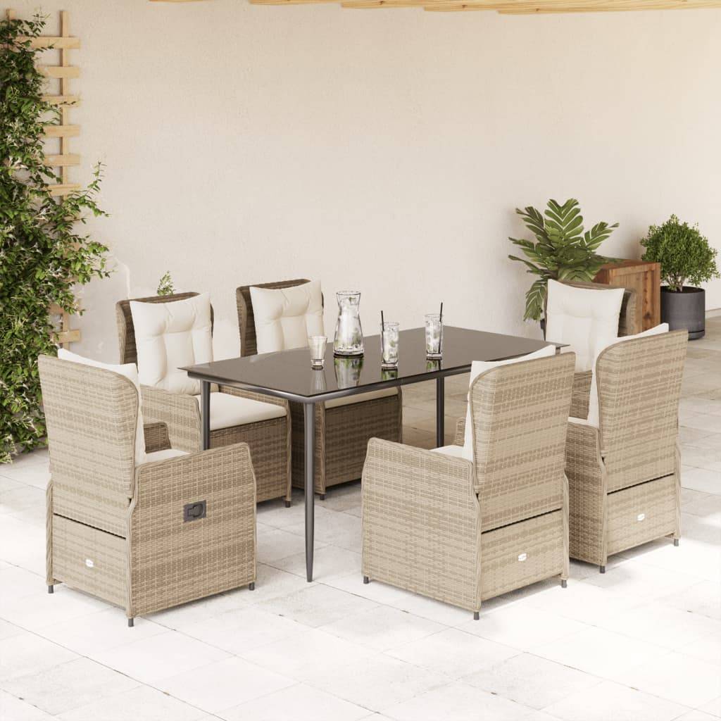 vidaXL 7-tlg. Garten-Essgruppe mit Kissen Beige Poly Rattan
