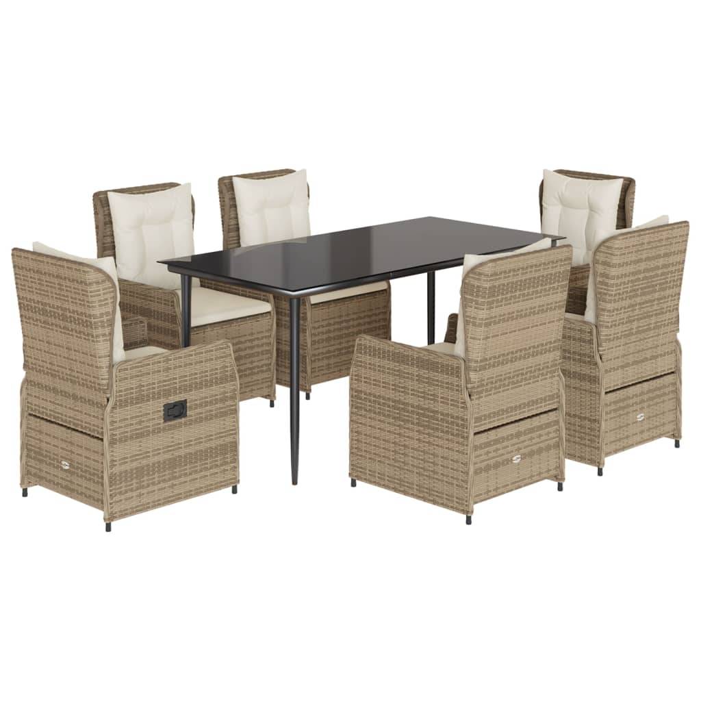 vidaXL 7-tlg. Garten-Essgruppe mit Kissen Beige Poly Rattan