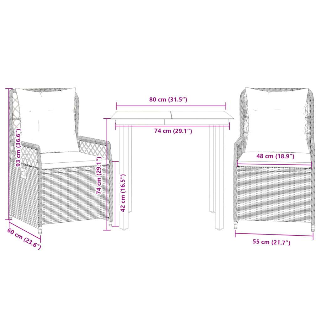 vidaXL 3-tlg. Garten-Essgruppe mit Kissen Grau Poly Rattan