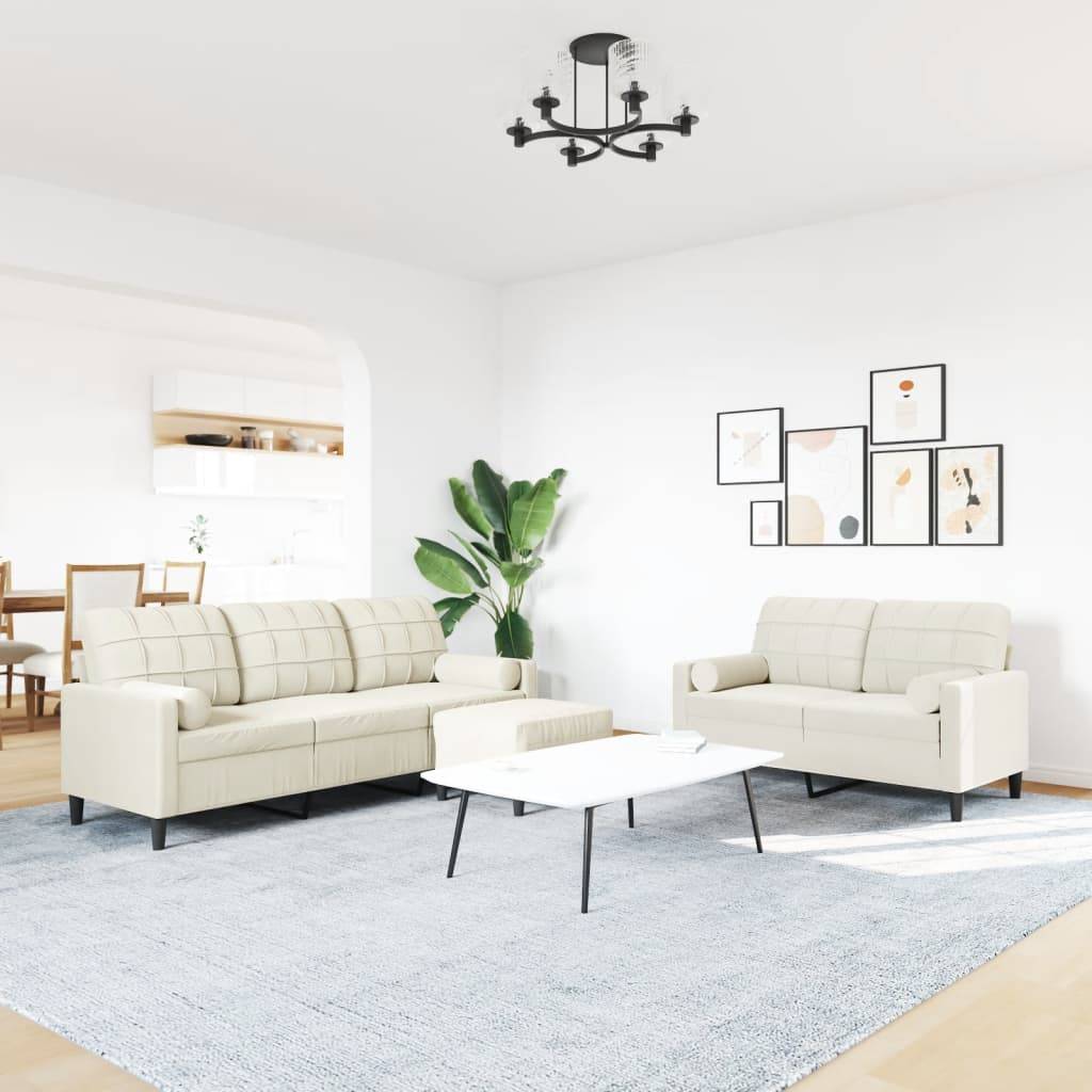 vidaXL 3-tlg. Sofagarnitur mit Kissen und Nackenrollen Creme Samt