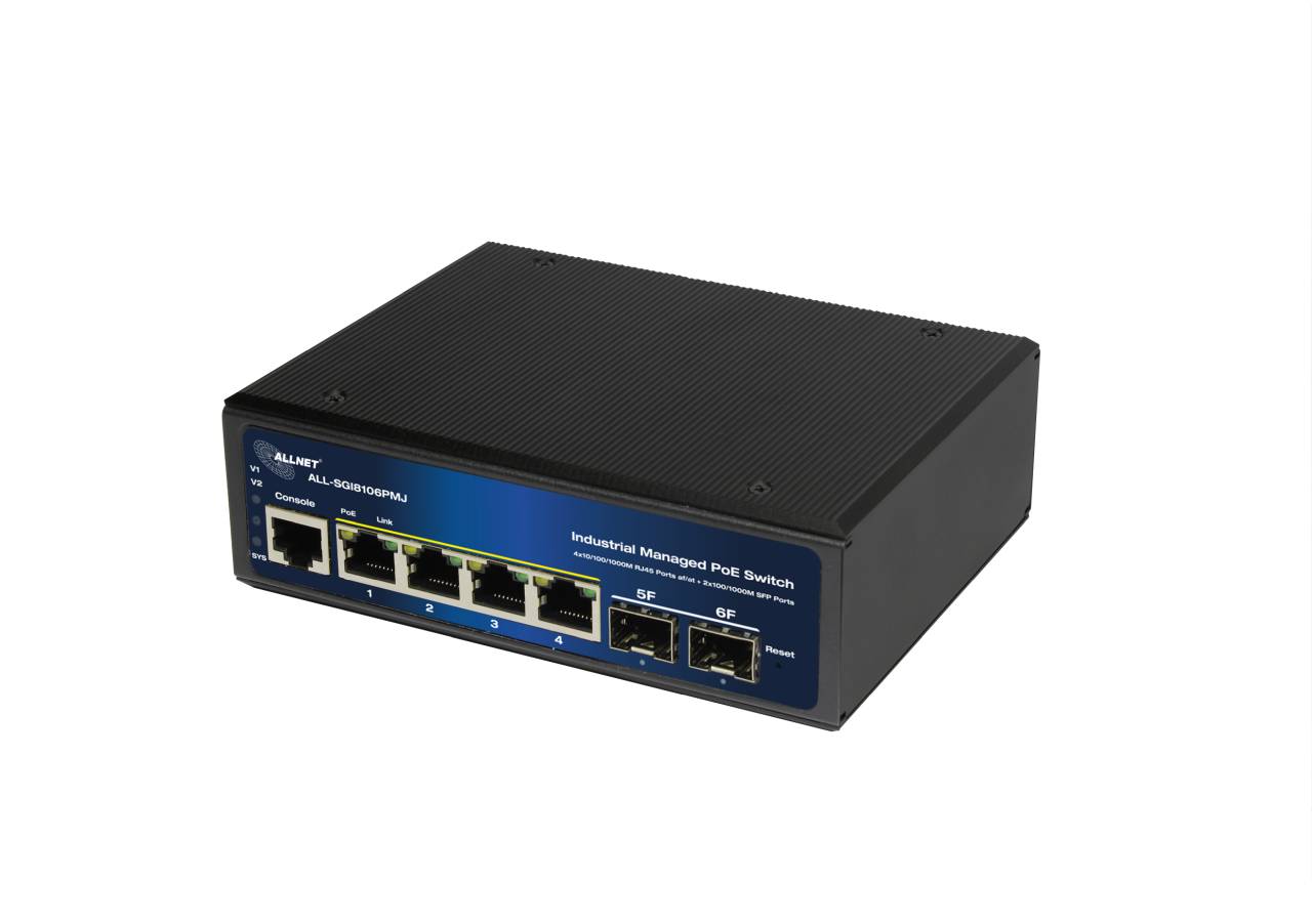 ALLNET Switch industrial full managed Layer2+ 6 Port GbE • PoE Budget 120W • 4x PoE at • 2x SFP • Lüfterlos • DIN • JSON • ALL-SGI8106