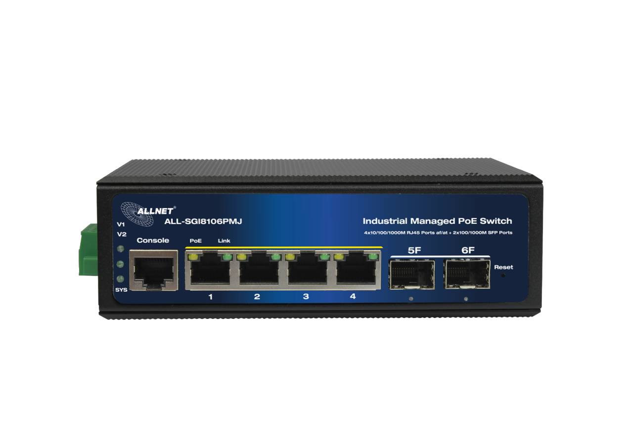 ALLNET Switch industrial full managed Layer2+ 6 Port GbE • PoE Budget 120W • 4x PoE at • 2x SFP • Lüfterlos • DIN • JSON • ALL-SGI8106